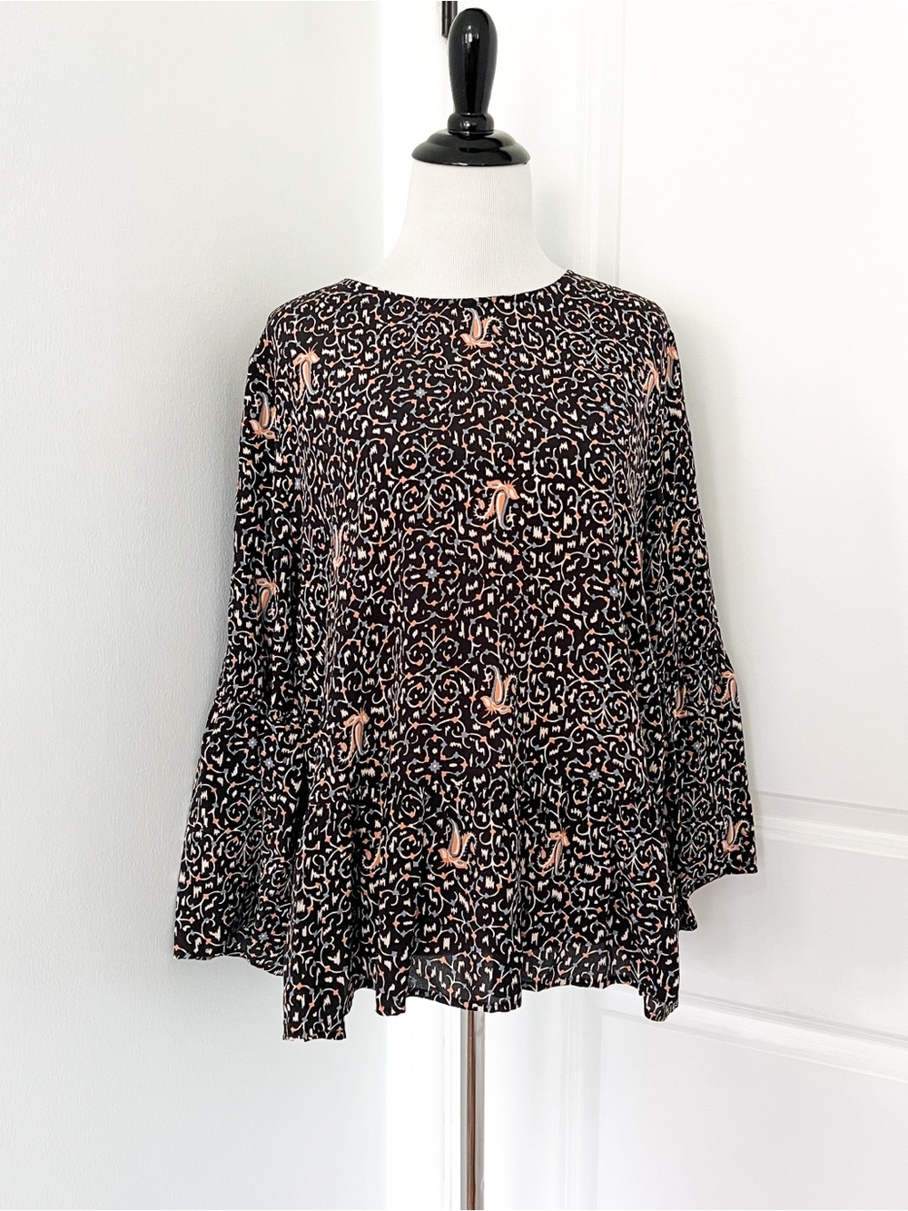 Madewell Black Silk Top with Peach Print Bell Sleeves - Large